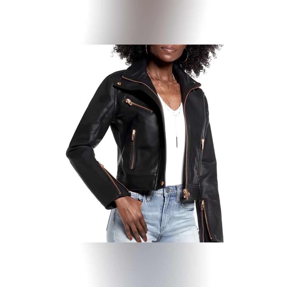 BLANKNYC faux leather moto jacket. Black with rose gold zipper detail. Size S